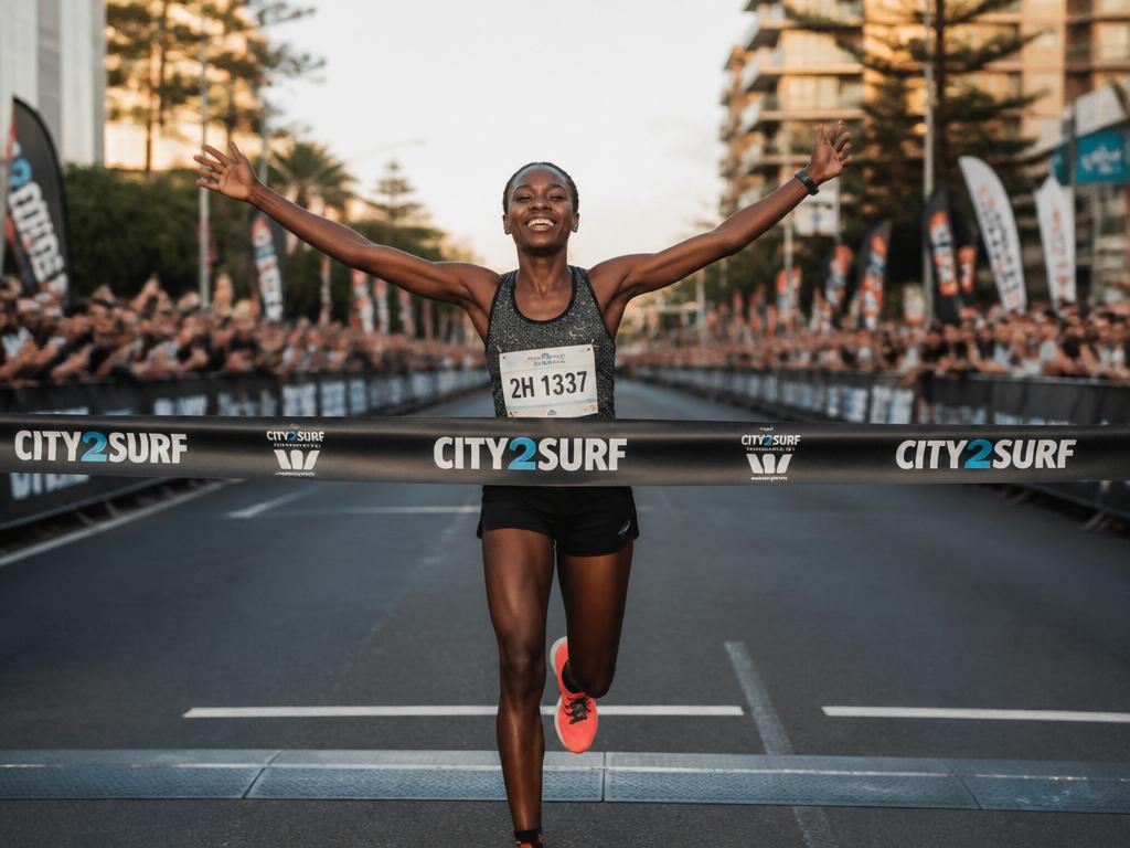 Corredor cruzando a linha de chegada com alegria
